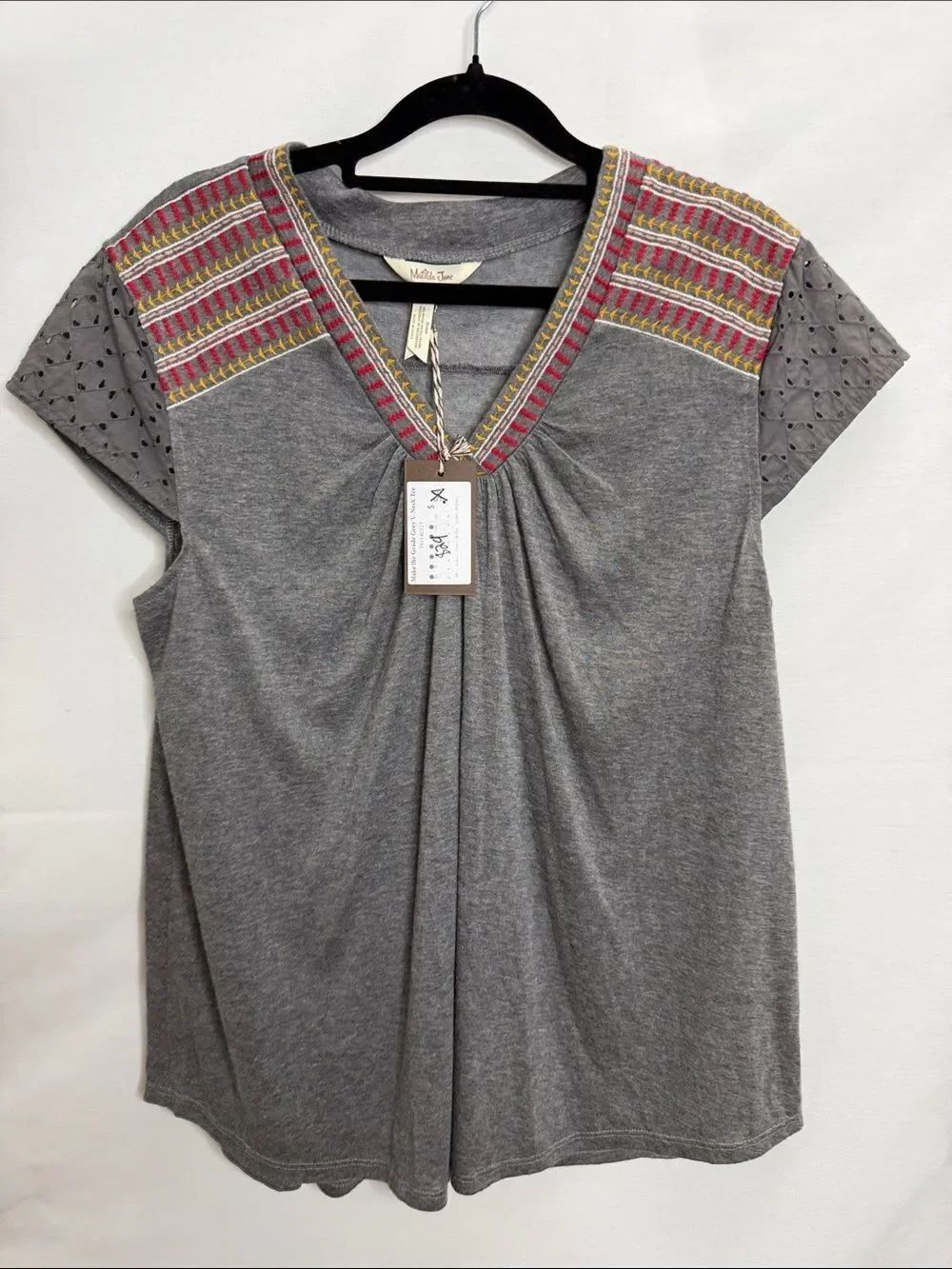 Matilda Jane Gray V-Neck Tee with Pink and Yellow Embroidery